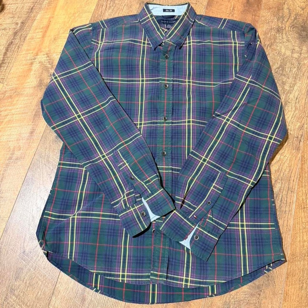 Tommy Hilfiger Long Sleeve Shirt Men's Plaid  Navy White Cotton Grandpa Preppy M